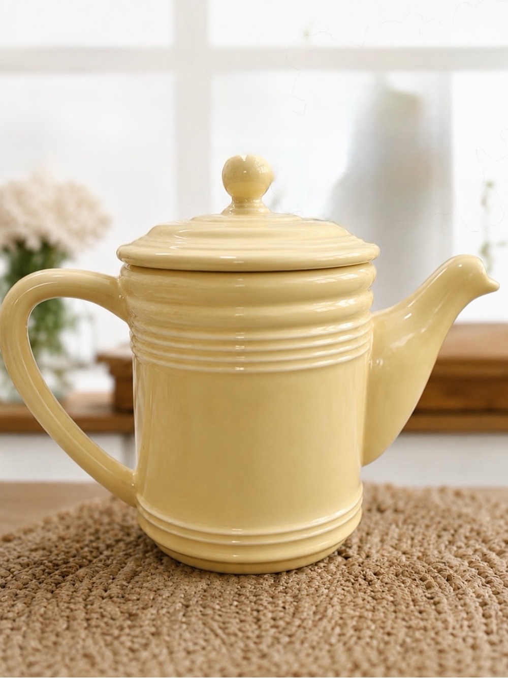 Vintage Cooks Club Yellow Ribbed Ceramic Coffeepot / Teapot with Lid